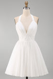 Halter White A Line Mini Graduation Dress With Ruffles