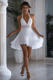 Halter White A Line Mini Graduation Dress With Ruffles
