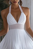 Halter White A Line Mini Graduation Dress With Ruffles