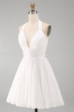 Halter White A Line Mini Graduation Dress With Ruffles