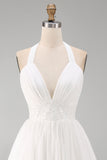 Halter White A Line Mini Graduation Dress With Ruffles
