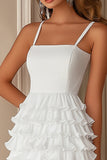 White Sheath Tiered Spaghetti Straps Mini Graduation Dress