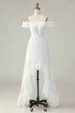 White A Line Off The Shoulder High Low Cut Out Wedding Dress with Ruffles