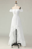 White A Line Off The Shoulder High Low Cut Out Wedding Dress with Ruffles