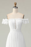 White A Line Off The Shoulder High Low Cut Out Wedding Dress with Ruffles