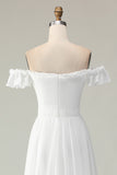 White A Line Off The Shoulder High Low Cut Out Wedding Dress with Ruffles