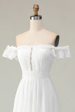 White A Line Off The Shoulder High Low Cut Out Wedding Dress with Ruffles