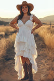 Ivory A Line Tiered Ruffle High Low Plus Size Engagement Dress
