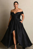 Off the Shoulder A Line Black Plus Size Formal Dress with Slit