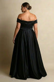 Off the Shoulder A Line Black Plus Size Formal Dress with Slit