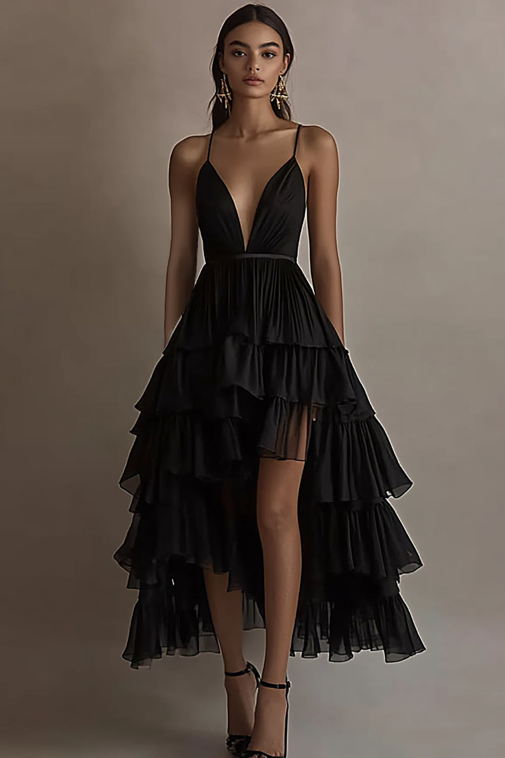 WEDTREND Women Black Tiered Cocktail Dress Spaghetti Straps A Line Asymmetrical Party Dress WEDTREND Women Black Tiered Cocktail Dress Spaghetti Straps A Line Asymmetrical Party Dress