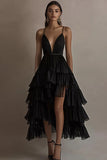Black Spaghetti Straps Tiered A Line Asymmetrical Cocktail Dress