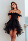 Off The Shoulder A Line Tulle Little Black Dress With Ruffles