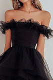 Off The Shoulder A Line Tulle Little Black Dress With Ruffles