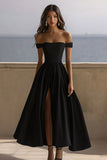 Simple Off The Shoulder A Line Long Black Tie Dress With Slit