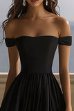 Simple Off The Shoulder A Line Long Black Tie Dress With Slit