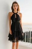 Halter Simple Tiered A Line Keyhole Little Black Dress
