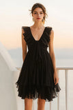 Simple V Neck A Line Asymmetrical Little Black Dress