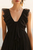 Simple V Neck A Line Asymmetrical Little Black Dress