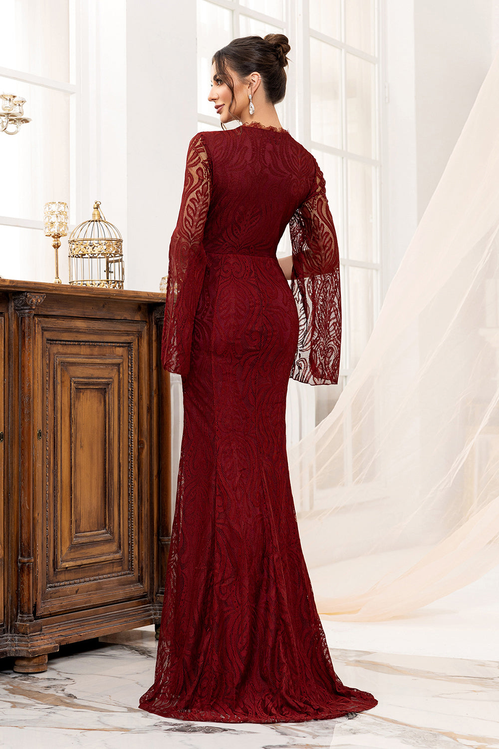 WEDTREND Women Burgundy Mother Of The Bride Dress With Slit Sheath Lace Long Sleeves Mother Of The Bride Dress WEDTREND Women Burgundy Mother Of The Bride Dress With Slit Sheath Lace Long Sleeves Mother Of The Bride Dress