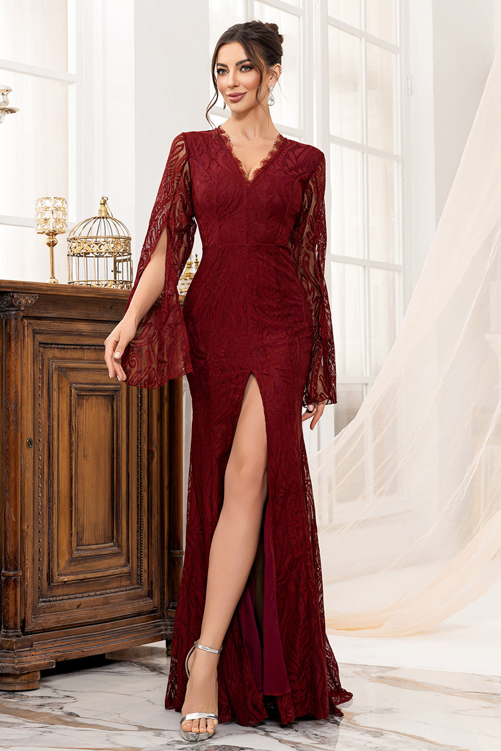 WEDTREND Women Burgundy Mother Of The Bride Dress With Slit Sheath Lace Long Sleeves Mother Of The Bride Dress WEDTREND Women Burgundy Mother Of The Bride Dress With Slit Sheath Lace Long Sleeves Mother Of The Bride Dress