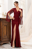 Burgundy Sheath Long Sleeves Lace Mother Of The Bride Dress With Slit