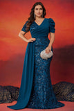 Blue Plus Size Mermaid Appliques Sequins Mother Of The Bride Dress With Streamer