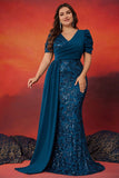 Blue Plus Size Mermaid Appliques Sequins Mother Of The Bride Dress With Streamer