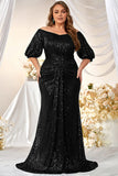 Off The Shoulder Black Plus Size Mermaid Sequins Long Mother Of The Bride Dress