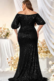 Off The Shoulder Black Plus Size Mermaid Sequins Long Mother Of The Bride Dress