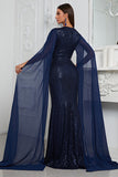 Navy Long Sleeves Keyhole Sequins Mermaid Long Mother Of The Bride Dress