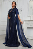 Navy Long Sleeves Keyhole Sequins Mermaid Long Mother Of The Bride Dress