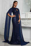 Navy Long Sleeves Keyhole Sequins Mermaid Long Mother Of The Bride Dress