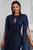 Navy Long Sleeves Keyhole Sequins Mermaid Long Mother Of The Bride Dress