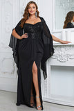 Plus Size Long Sleeves Black Sheath Sequins Mother Of The Bride Dress With Slit