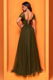 Olive Corset Appliques Beaded A Line Long Mother Of The Bride Dress With Slit