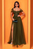 Olive Corset Appliques Beaded A Line Long Mother Of The Bride Dress With Slit