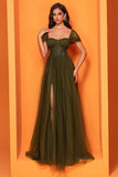 Olive Corset Appliques Beaded A Line Long Mother Of The Bride Dress With Slit
