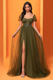 Olive Corset Appliques Beaded A Line Long Mother Of The Bride Dress With Slit