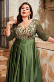 Plus Size Olive Pleated A Line Long Mother Of The Bride Dress With Appliques