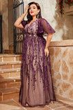 Purple Plus Size A Line Long Mother Of The Bride Dress With Appliques