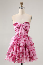 Strapless Pink Flower A-line Tiered Short Homecoming Dress with Bow