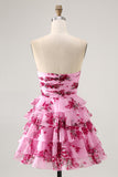 Strapless Pink Flower A-line Tiered Short Homecoming Dress with Bow