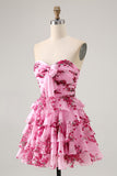Strapless Pink Flower A-line Tiered Short Homecoming Dress with Bow