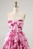 Strapless Pink Flower A-line Tiered Short Homecoming Dress with Bow