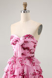 Strapless Pink Flower A-line Tiered Short Homecoming Dress with Bow