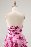 Strapless Pink Flower A-line Tiered Short Homecoming Dress with Bow