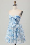 Strapless White Blue Flower A-line Tiered Short Homecoming Dress with Bow