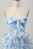 Strapless White Blue Flower A-line Tiered Short Homecoming Dress with Bow