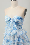 Strapless White Blue Flower A-line Tiered Short Homecoming Dress with Bow
